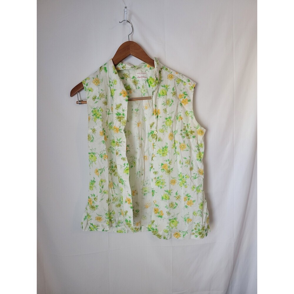 Vintage Lady Hathaway Sleeveless Blouse Size‎ 16 White Green Yellow Floral 100%